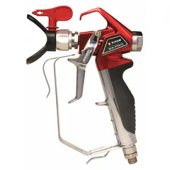 This airless spray gun from TITAN is designed for applying coatings and paints in industrial finishing, maintenance, and production environments. It features a 1/4 in air inlet and supports spray patterns from 1 in to 12 in, accommodating both detailed work and larger surfaces. The gun includes a No Build Tip Guard and a 517 Tip for efficient application.
