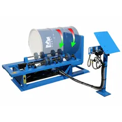 Three-phase drum roller mixer for 1 to 5 gal drums. Features a 1 hp TEFC motor, hydraulic lift, and variable speed control. Handles full drum liquid loads up to 1,000 lb. Operates at 208V @ 3.1A, 230V @ 3A, or 460V @ 1.5A. Not automated operation capable.