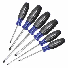 This 6-piece screwdriver set includes Phillips and slotted tips with cushion grips for comfort. The magnetized tips help hold fasteners, making it suitable for general fastening and loosening tasks in maintenance and assembly work.
