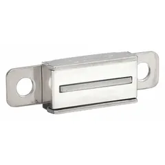 Stainless steel magnetic catch with pull opening action. Height 7/16 in, width 1 9/16 in. Used for cabinet doors, enclosures, and access panels in industrial equipment.