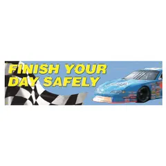 Poly sheeting banner, 28 in x 96 in, single-sided printed. Suitable for indoor/outdoor use to promote end-of-shift safety awareness in industrial settings such as warehouses and factories.