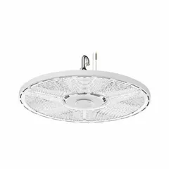 Round LED bay light for replacing 400W metal halide fixtures. Operates on 120 to 347V AC with 5000K color temperature and 80 CRI. Selectable lumen output: 21,000 lm, 24,000 lm, or 27,000 lm. Suitable for industrial and commercial high-bay applications.