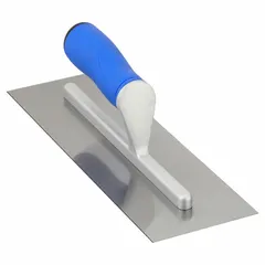 This square-end finishing trowel has a carbon steel blade with a square shape and a width of 4 inches. It is used for smoothing and finishing concrete, plaster, and mortar surfaces in construction and masonry applications. The ErgoSoft ergonomic handle provides comfort during extended use.