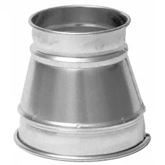 This duct reducer transitions from a 4-inch inlet to a 3-inch or 4-inch outlet, used in ventilation and exhaust systems to connect duct sections of different diameters. Constructed of stainless steel, it resists corrosion in industrial environments. Overall length is 7 inches.