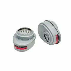 This MSA combination cartridge/filter provides protection against organic vapors and particulate hazards. It features a bayonet connection for use with MSA 3000 Series reusable respirators. The cartridge has a NIOSH P100 rating and is supplied in a 2-pack with black and magenta color coding.