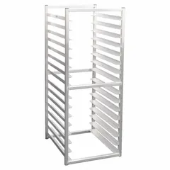 Full-size aluminum insert rack with 16 slots, each spaced 3 inches apart, designed to hold 12 x 20 in pans. Measures 20 3/8 in wide by 51 in high by 24 in deep. NSF certified. Suitable for commercial kitchen storage of sheet pans and food service containers.