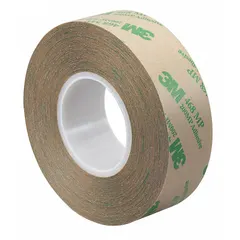 This general purpose adhesive transfer tape features a repositionable acrylic adhesive on a transparent carrier, with a polycoated kraft paper liner. It is used for bonding, mounting, and splicing applications where temporary placement is needed before permanent adhesion. Suitable for assembly, graphics, and nameplate attachment.