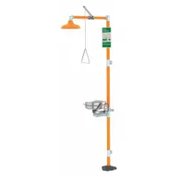 This floor-mount safety shower with eyewash is designed for emergency decontamination in industrial settings. It features a covered stainless steel bowl and a plastic showerhead, providing immediate flushing for eyes and body. Suitable for facilities requiring quick access to emergency rinsing equipment