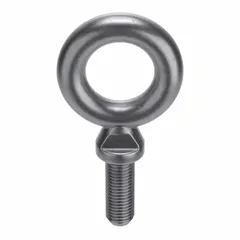 Steel plain finish machinery eye bolt with shoulder, M16x2.00 thread size, 44.5 mm thread length. Nut not included. Made in USA. Used as a lifting point for hoisting loads in industrial settings such as machining, material handling, and plant maintenance.