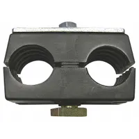 Steel clamp with a ribbed bore for securing two pipe lines while reducing vibration and noise. Suitable for industrial piping systems in hydraulic, pneumatic, and process applications
