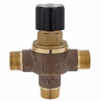 This point-of-use thermostatic mixing valve blends hot and cold water to a consistent outlet temperature. It has a 3/4 in outlet connection size and stainless steel springs. Typical applications include showers, sinks, and other fixtures requiring tempered water