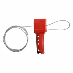 This squeeze-handle cable lockout includes an 8 ft PVC-coated steel cable for securing multiple disconnect switches or valve handles during lockout/tagout procedures. The red ABS body provides chemical resistance, and the cable is included for immediate use.