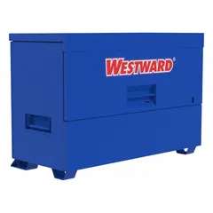 Piano-style jobsite box with 57.4 cu ft capacity. Dimensions: 72 7/16 in W x 34 in D x 49 7/16 in H. Blue finish. Features a recessed padlock (lock not included). Suitable for securing tools and equipment on construction sites, workshops, and industrial facilities.