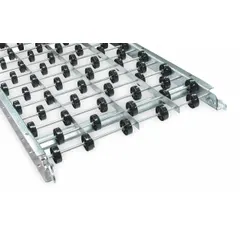 This light-duty rigid-frame skate wheel conveyor has an overall length of 10 ft and overall width of 24 in, with a between-frame width of 22 in. It features nylon wheels and a maximum load capacity of 260 lb/ft at 5 ft centers. Suitable for moving lightweight packages, cartons, and totes in assembly lines, packaging areas, and distribution centers.