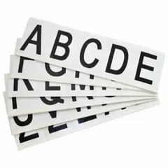 Black Gothic letters on white background, 1 15/16 in character height, 25-pack includes A to Z. Non-reflective, indoor/outdoor rated. Not self-spacing or self-aligning. Used for permanent identification of equipment, panels, pipes, bins, and machinery in industrial environments.