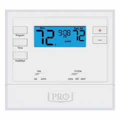 Square push-button thermostat for 1H/1C conventional heat and cool systems. Manual changeover with 5-1-1 programming capability. Temperature control range 44° to 90°F. Terminal designations include B. Suitable for residential or light commercial HVAC applications.