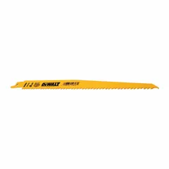 This reciprocating saw blade is designed for cutting wood containing embedded nails, commonly used in demolition and renovation. It features a rigid, tapered geometry for straight cuts. Blade length is 9 inches, thickness is 0.05 inches, and it is sold in a pack of 100.