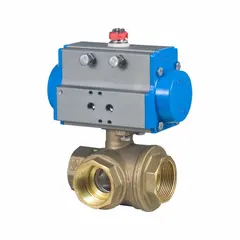This T-port brass pneumatically-actuated ball valve features a 1/4 in size with FNPT x FNPT x FNPT connections in a two-piece body. The valve is operated by a pneumatic actuator with a 110V AC pilot solenoid. It is used for diverting or mixing flow in industrial fluid systems requiring three-way flow control.