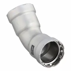 This steel press elbow fitting features press-fit connections on both ends and an EPDM seal. It is used to change direction in steel press-fit piping systems for commercial and industrial applications, suitable for water, compressed air, and other non-corrosive media.