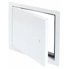 Aluminum locking access door with piano hinge and exposed flange. Powder-coated finish. Designed for ceiling mounting to provide secure access to overhead equipment such as HVAC components, plumbing valves, or electrical junction boxes.