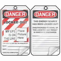 This lockout tag is made of RP-Plastic and printed in English with the legend 'Danger, Locked Out Device'. It includes writable fields for department, expected completion, and worker name. Used in lockout/tagout procedures to indicate equipment is under maintenance or repair.