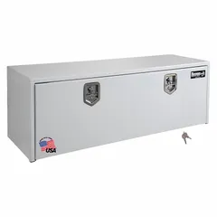 This single drop-down door box is constructed from white steel and features a keyed lock for secure storage. It is designed for underbody mounting on trucks, providing organized and protected storage for tools and equipment in fleet and vehicle maintenance applications.