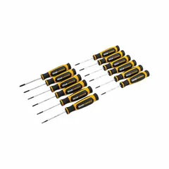 This 12-piece screwdriver set includes Phillips, slotted, and Torx tip drivers for general fastening tasks. The compact 3-1/2 inch overall length provides access in confined spaces. Suitable for assembly, repair, and maintenance work.