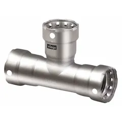 Stainless steel press tee fitting with FKM sealing for branch connections in piping systems. Used in commercial plumbing, HVAC, and industrial process lines requiring leak-free joints.