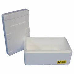 White corrugated cardboard box with a 0.75 in thick Styrofoam insert. Used for shipping temperature-sensitive items such as pharmaceuticals, biologics, or perishables.