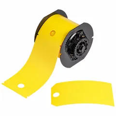 Yellow polyester precut tag roll with 100 tags per roll, each measuring 5 3/4 in x 3 1/4 in. Suitable for indoor and outdoor use. Compatible with S3700 printer series. Used for industrial identification, asset tagging, safety warnings, and pipe marking.