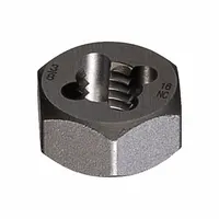 This solid hex rethreading die is used to cut or repair external threads on bolts, studs, or pipes. It features a metric thread size of M4x0.7 and a 5/8 in hex width, allowing easy turning with a standard wrench. Made from carbon steel, it is suitable for rethreading or cutting new threads on M4 metric fasteners in general industrial maintenance and repair applications
