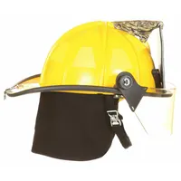 This fire helmet features a yellow fiberglass shell with a traditional rear brim. It includes a 6-point ratchet suspension and a chin strap. Designed for structural firefighting and rescue operations, the helmet provides impact protection and heat deflection
