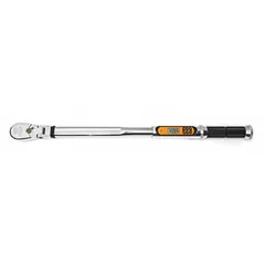 This flex-head electronic torque and angle wrench features a buzzer and LCD screen alert for precise torque application. With an overall length of 23 3/4 inches, it is suited for fastening tasks requiring accurate torque measurement in mechanical and assembly work.