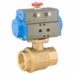 This pneumatically-actuated ball valve features a 4-inch brass two-piece body with FNPT x FNPT connections. The double-acting actuator operates without a spring return, requiring air pressure for both opening and closing. It is used for on/off flow control in industrial piping systems handling water, oil, or gas.