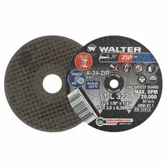Type 1 cut-off wheel for general purpose cutting of carbon and stainless steel. Measures 3" diameter by 1/8" thickness with a 1/4" arbor hole. Constructed of aluminum oxide abrasive with 24 grit. Suitable for metal fabrication, maintenance, and repair applications.