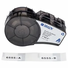 Combined label and ribbon cartridge containing 121 acrylic, permanent adhesive labels measuring 1/2 in x 1 in. Halogen-free material. Compatible with Brady M210 printer series. Used for on-demand thermal transfer printing in industrial identification, cable marking, and asset labeling.