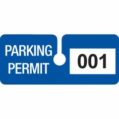 Blue vinyl parking hanger with 2-inch card height and 4 3/4-inch overall width. Supplied in packs of 100. Used to designate authorized parking spaces in parking lots and facilities.