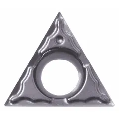 Triangle (T) indexable turning insert made of PVD carbide. Used for precision turning and finishing operations on steel, stainless steel, and cast iron in general machining applications. Suitable for light to medium cutting with compatible tool holders on CNC lathes and manual machines.