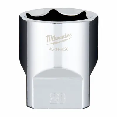 MILWAUKEE Socket Extension: Metric, 1/2 in Drive Size, 28 mm Socket Size, 6-Point - Anti-Roll Hand Sockets