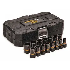 This bolt extraction impact socket set is designed for removing damaged, rusted, or seized fasteners. The set includes sockets ranging from 1/4"/7mm to 3/4"/19mm with a 3/8 in drive size, suitable for automotive and industrial applications. Sockets are constructed for impact use and come in a storage case.