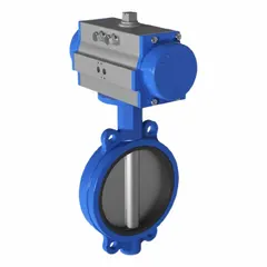This ductile iron pneumatic butterfly valve is designed for general service in HVAC, wastewater, and water media systems. It operates in an air-to-air configuration and does not include a pilot solenoid voltage. Suitable for on/off or modulating flow control in industrial and commercial applications.