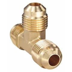 Brass flared tee fitting with 45-degree flare, 1/2 in OD on all three ends. Complies with SAE J513. Used in hydraulic, pneumatic, and fluid-transfer systems to join three tubes in a branch configuration. Supplied in a 10-pack.