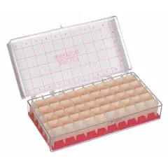 Polystyrene storage case for organizing and protecting vials in laboratory environments. Overall length 7 1/4 in, overall width 3 1/2 in. Suitable for benchtop or drawer storage.