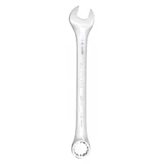 This 14 mm metric spline combination wrench features an offset design for improved access in confined spaces. Constructed from alloy steel with a chrome finish, it resists corrosion. Suitable for tightening or loosening fasteners in mechanical and industrial applications.