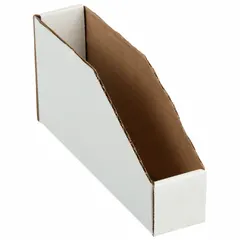 This light-use cardboard shelf bin is suited for organizing small parts, components, or supplies on shelves or workbenches in warehouses, workshops, and light industrial settings. It measures 2 in x 4 1/2 in with a 9-inch overall length, is white, and contains 30-45% recycled content. Dividers are not included, and it is not electrostatic discharge conductive.