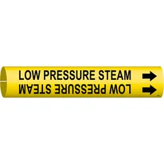 Yellow snap-on pipe marker with black legend reading 'Low Pressure Steam' and directional arrows. Fits pipe outer diameters of 4 to 6 inches. Used for identifying low pressure steam lines in industrial piping systems.