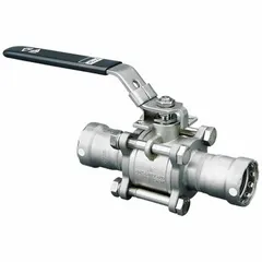 Two-way straight valve body ball valve with 316 stainless steel construction and FKM seals. Features a locking lever handle for secure on/off flow control. Suitable for water, oil, and gas applications requiring corrosion resistance and leak-tight shutoff.