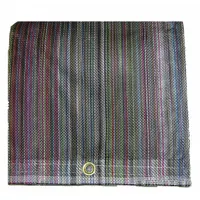 Standard-duty mesh tarp made of 5 mil vinyl with PVC coating, measuring 23.17 ft by 9.42 ft. Multi-color fabric at 10 oz/sq yd provides weather resistance while allowing airflow. Suitable for covering equipment, materials, or loads in industrial and construction settings