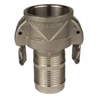 This Type C cam and groove fitting features a 2" male hose shank and a stainless steel body with a nitrile gasket. It includes a locking arm for secure connections. Overall length is 5 9/32 inches. Used for quick-connect fluid transfer in industrial hose systems