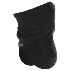 This black fleece neck gaiter covers the ears, face, neck, and nose for warmth in cold environments. It features a fitted design and includes a fleece lining. Suitable for outdoor use in industrial settings such as warehouses, loading docks, and construction sites.